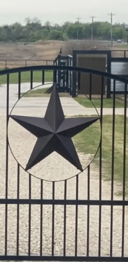 Arched wrought iron gate with a three-dimensional Texas star medallion