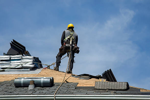 Roofing crew working on a steep asphalt shingle roof in North Texas